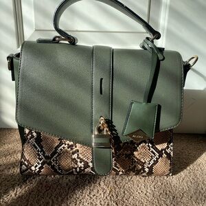 Aldo Olive Green and Tan Snake Print Satchel